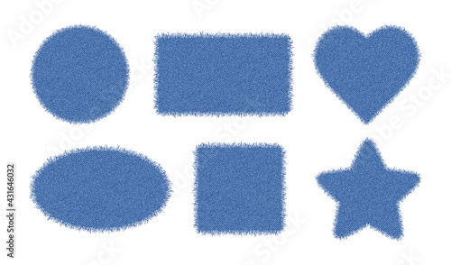 Set of denim shapes. Torn jean patches - circle, square, oval and rectangle. Vector realistic illustration on white background.