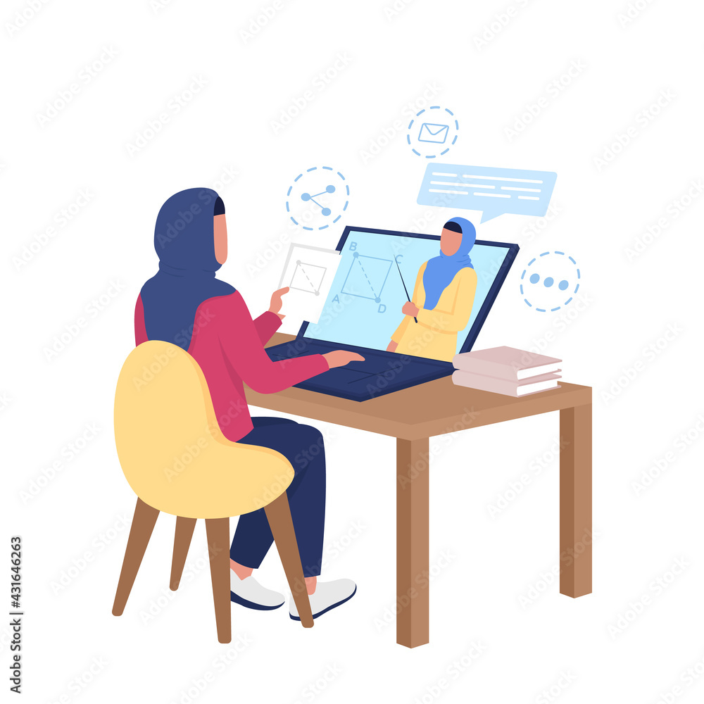 Arabian girl watching remote class on math flat color vector faceless character. Internet course for distance learning isolated cartoon illustration for web graphic design and animation