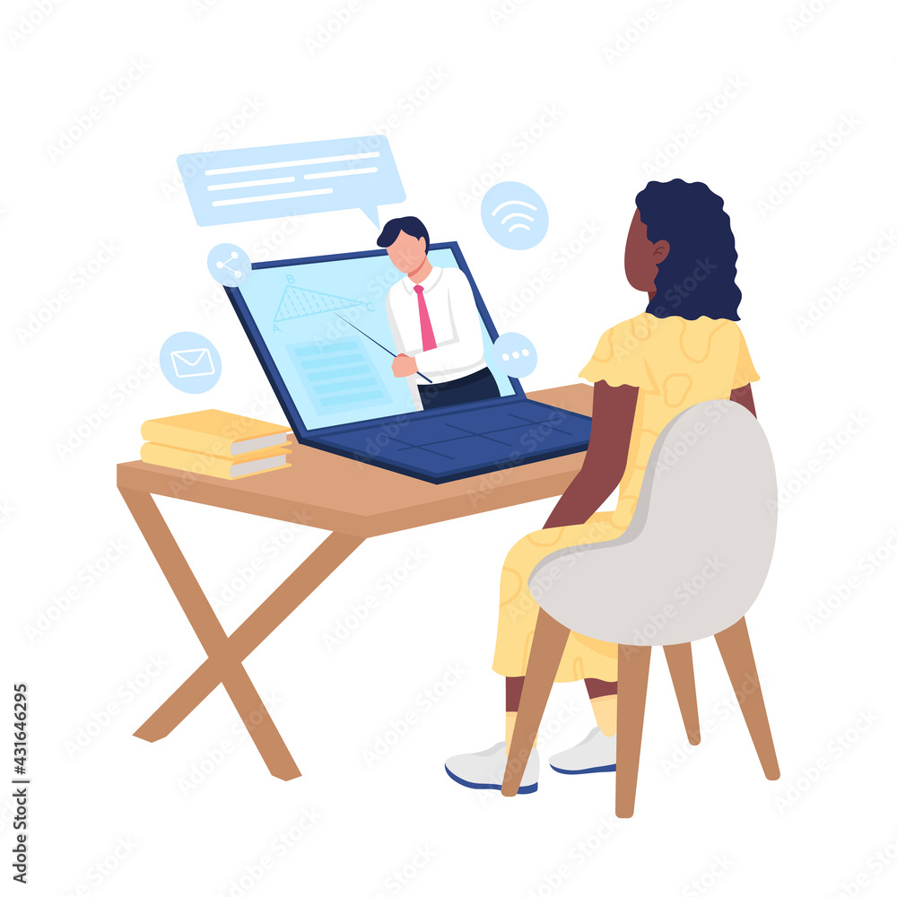 Fototapeta premium African american girl watching online course on mathematics flat color vector faceless character. Distance learning isolated cartoon illustration for web graphic design and animation