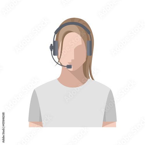The operator is a young woman online, wearing headphones with a microphone, a headset. Call center concept or support service, blogger, streamer. Color avatar, isolated vector illustration
