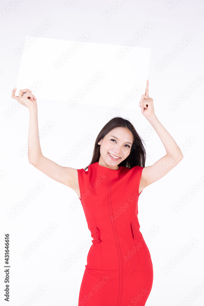 Young asian female showing blank sign card cheerful and happy smiling - copy space for text. Beautiful smiling young woman model isolated on white background. Young asian female showing blank sign card cheerful and happy smiling - copy space for text. Beautiful smiling young woman model isolated on white background.