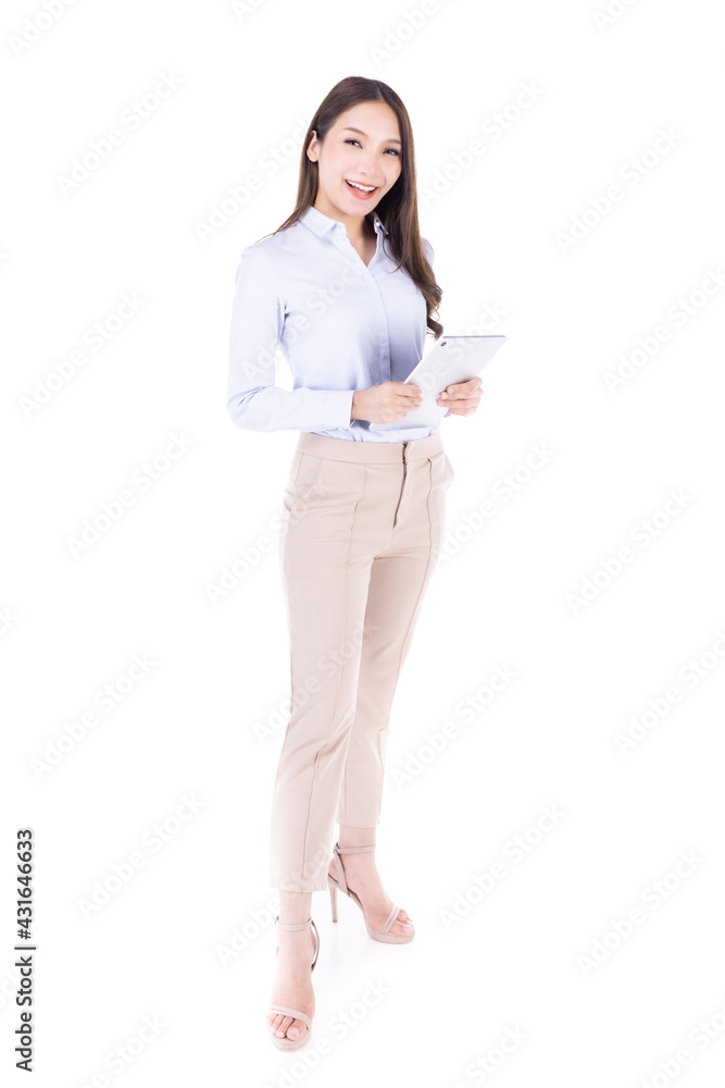 Portrait of Businesswoman full body with tablet, Woman using digital tablet computer PC happy isolated on white background.Asian woman in business shirt. Portrait of Businesswoman full body with tablet, Woman using digital tablet computer PC happy isolated on white background.Asian woman in business shirt.