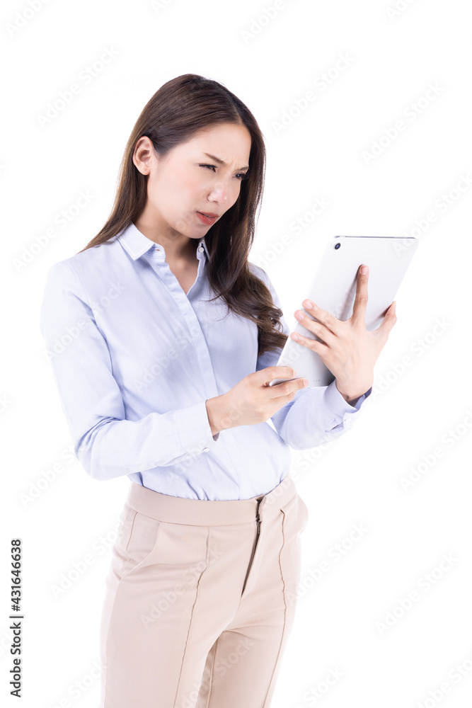 Portrait of Businesswoman full body with tablet, Woman using digital tablet computer PC happy isolated on white background.Asian woman in business shirt. Portrait of Businesswoman full body with tablet, Woman using digital tablet computer PC happy isolated on white background.Asian woman in business shirt.