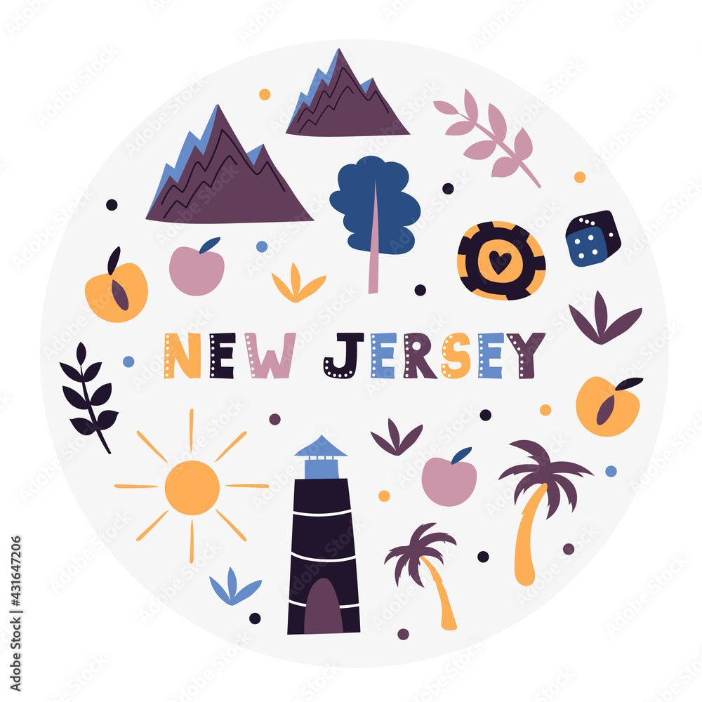 Obraz premium USA collection. Vector illustration of New Jersey. State Symbols - round shape