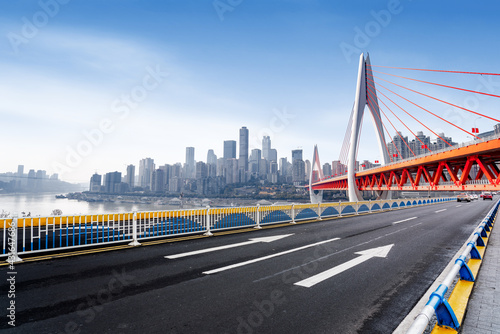 Expressway in front of the city skyline  Chongqing  China.