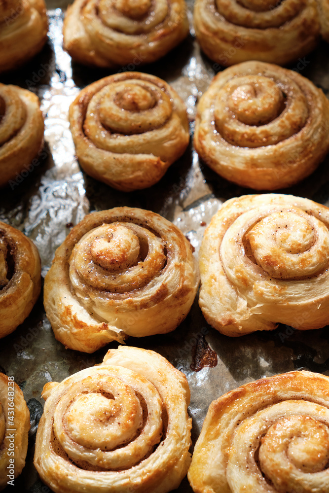 Cinnamon rolls, homemade cakes straight from oven.