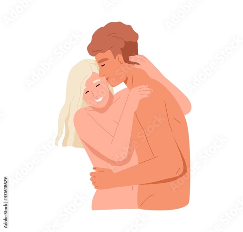 Naked love couple of man and woman. Lover hugging and kissing happy girlfriend. Romantic sexual partners. Intimate relationship. Colored flat graphic vector illustration isolated on white background