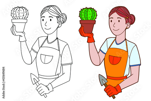 Girl holding cactus in pot. Vector illustration for greeting cards  posters  stickers  seasonal design. Coloring page with color option.