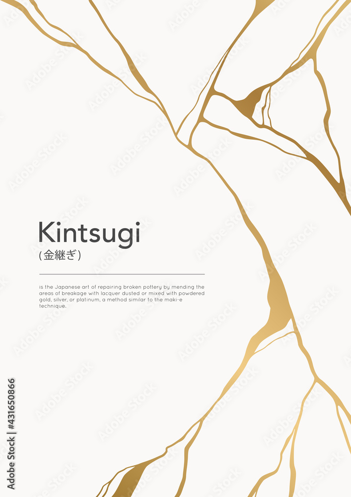 Gold kintsugi crack poster. Japanese art of repairing broken pottery. Asian philosophy for