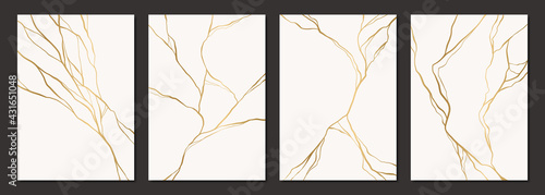 Set of gold kintsugi poster design. Japanese art of repairing broken pottery. Vector crack pattern for home prints, posters, wallpapers. Golden material of kintsugi restoration technique.