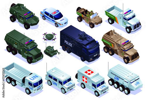 Special military transport of Police, Border Patrol and Peacekeepers Set collection, special equipment with isometric icons on isolated background