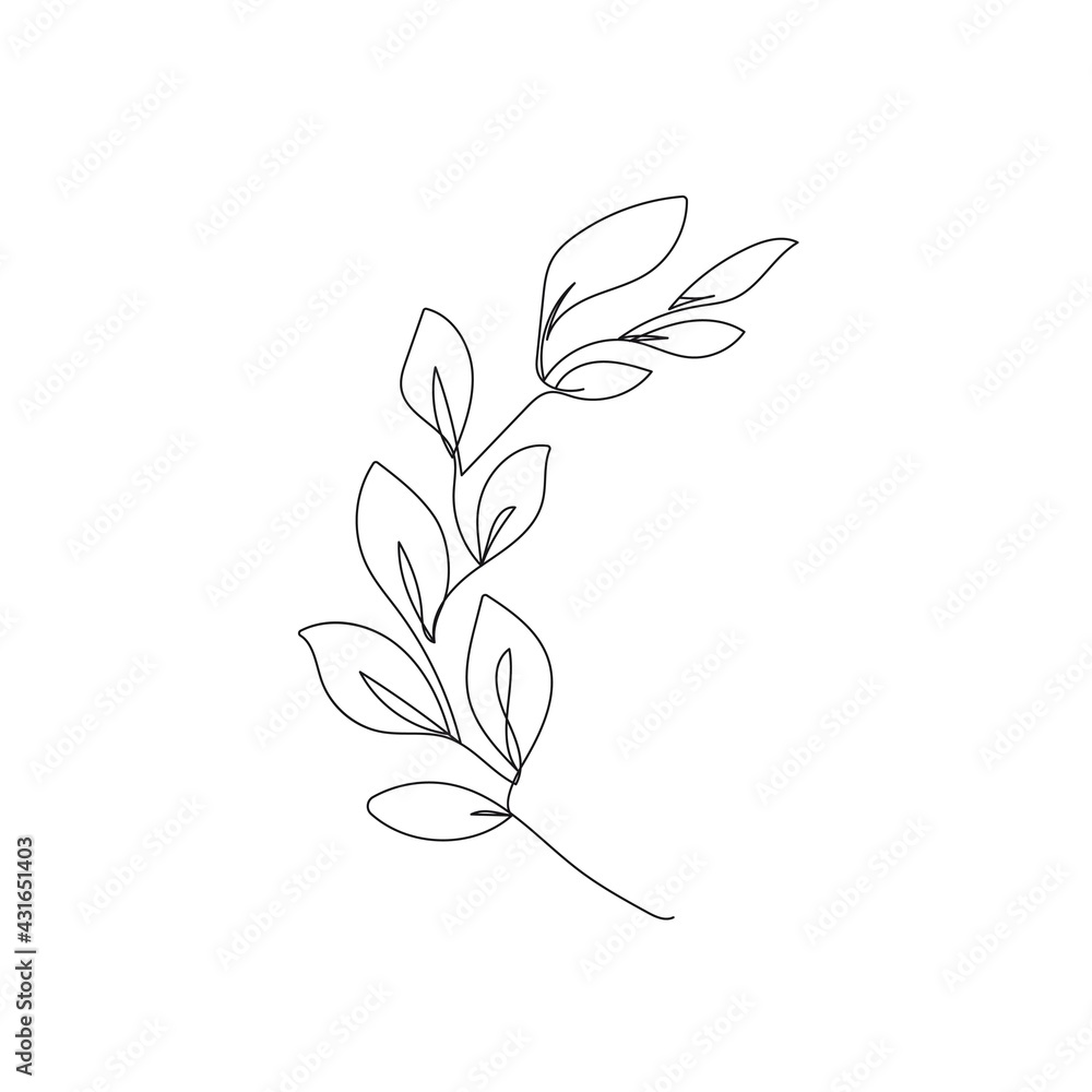 Obraz premium Leaves Continuous One Line Drawing. Black Line Floral Sketch on White Background. Contour Leaves Illustration. Vector EPS 10.