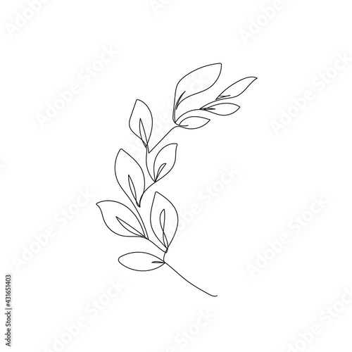 Leaves Continuous One Line Drawing. Black Line Floral Sketch on White Background. Contour Leaves Illustration. Vector EPS 10.