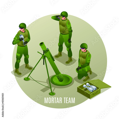 Mortar Team firing, Modern Army Soldiers illustration isometric icons on isolated background