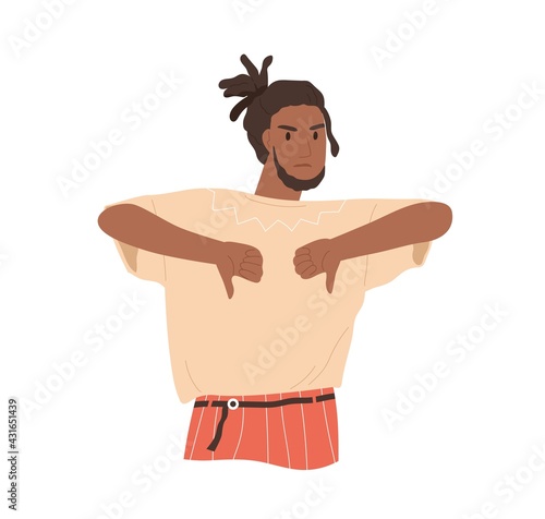 Annoyed man showing his negative attitude with thumb down gesture. Mute feedback with dislike sign. Non-verbal communication. Colored flat vector illustration isolated on white background