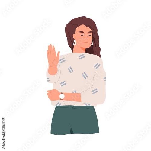 Woman ignoring smb by gesturing stop with hand, showing rejection sign. Person with dissatisfied facial expression. Mute communication. Colored flat vector illustration isolated on white background