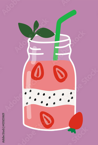 Cocktail drink with strawberry, dragonfruit and mint leaves