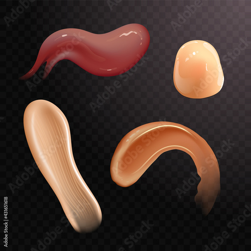 Set of realistic cosmetic cream smears. Skincare product of different body colors. Lotion smooth smear isolated vector texture on transparent background.