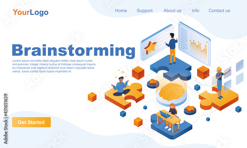 Brainstorming isometric landing page template. Collaborate creative work in office 3d concept. Colleagues working on project, generate new ideas, doing work tasks. Vector illustration in flat design