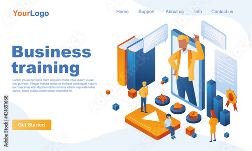 Business training isometric landing page template. Professional training and skills improvement 3d concept. Colleagues listen to motivational speaker at webinar. Vector illustration in flat design