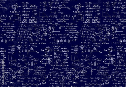 Physics, electronic engineering, mathematics equation, scheme and calculations, endless hand writing. Vector blueprint. Technology seamless pattern.