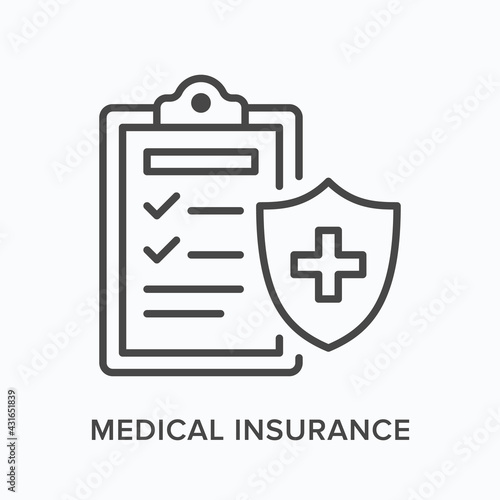 Medical insurance flat line icon. Vector outline illustration of blank and shield. Black thin linear pictogram for healthcare certificate