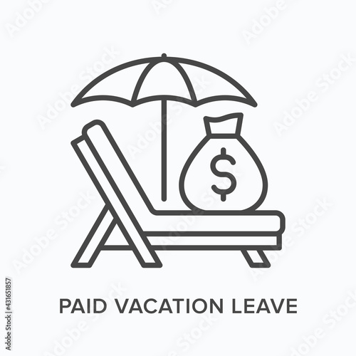Paid vacation flat line icon. Vector outline illustration of money bag, umbrella and sun lounger. Black thin linear pictogram for employee leave