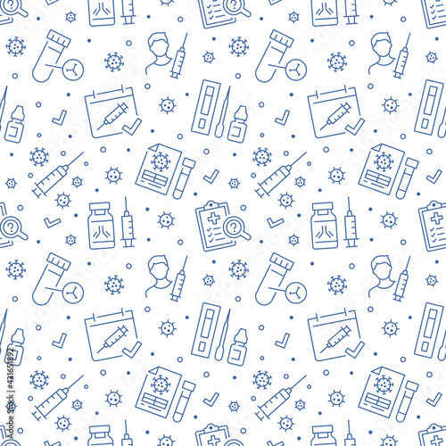 Covid vaccine blue seamless pattern. Vector background included line icons as blood antibody report, medical test, bottle, rapid kit, lab tube, pcr. Editable Stroke