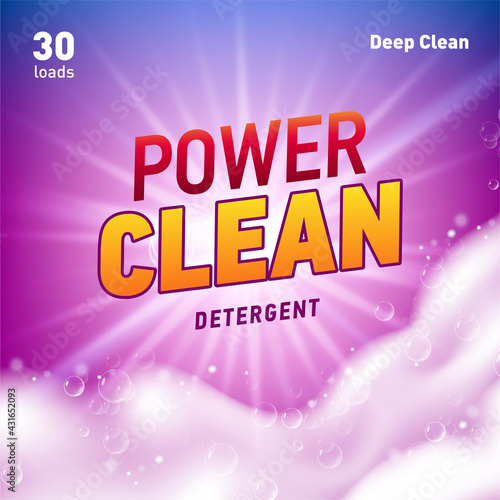 Detergent package design template with lens flare and realistic soap foam.