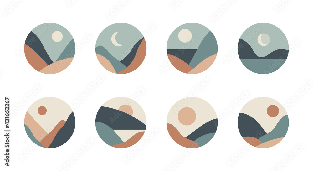 Set of trendy minimalist landscape abstract contemporary collages design Set of trendy minimalist landscape abstract contemporary collages design