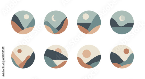 Set of trendy minimalist landscape abstract contemporary collages design