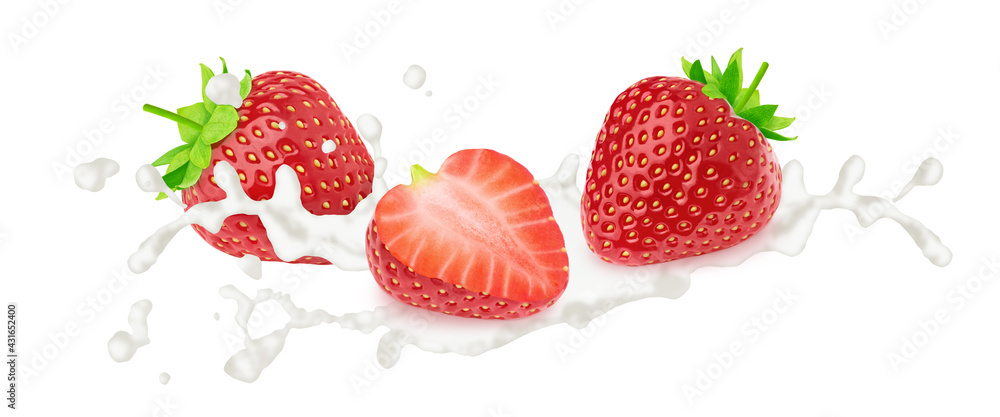 Strawberry in milk splashes isolated on white background. Strawberry in milk splashes isolated on white background.