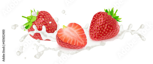 Strawberry in milk splashes isolated on white background.