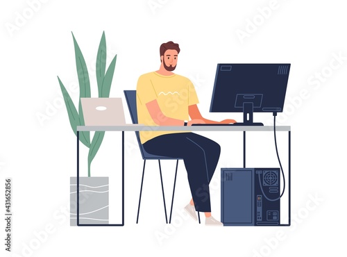 Man working with laptop and computer at desk. Software developer, programmer or system administrator with PC. Technical specialist at workplace. Colored flat vector illustration isolated on white
