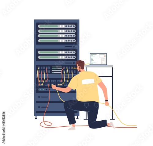 Sysadmin adjusting network and internet connection to computer. System administrator maintaining and repairing server. Colored flat vector illustration of repairman and switchboard isolated on white