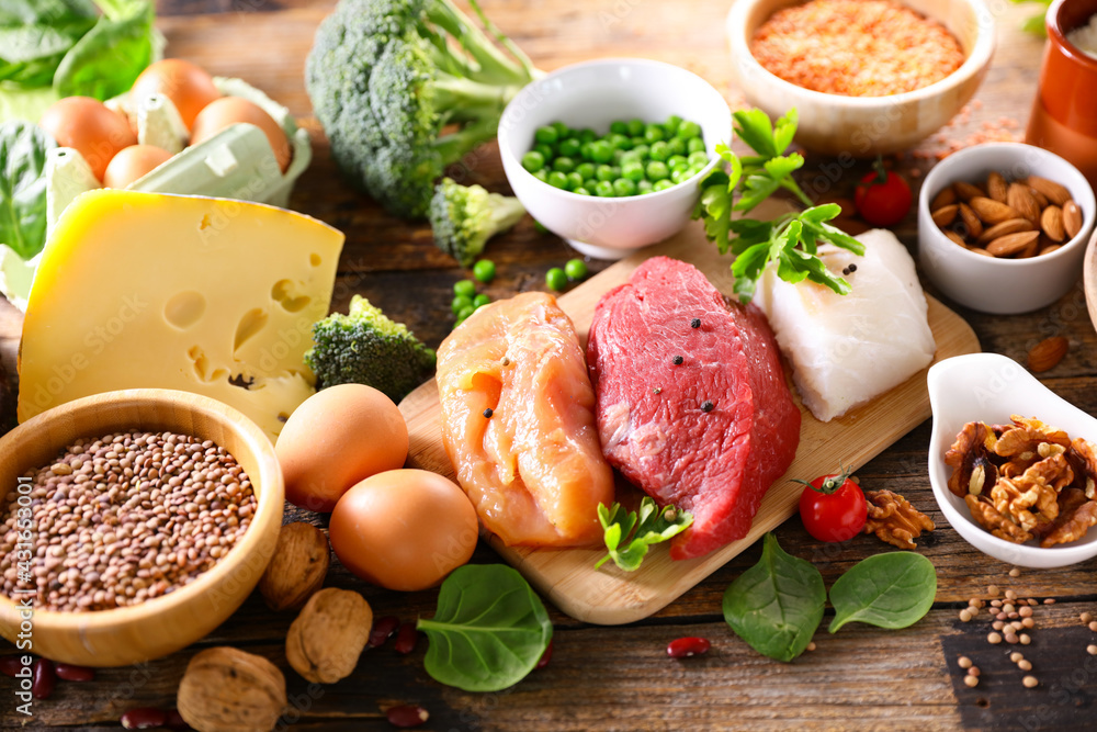 Fototapeta protein food sources- meat, cheese, vegetable