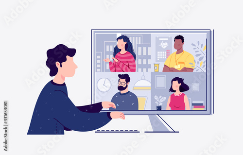 Videoconference, webinar. The concept of online meetings. Vector. Flat cartoon style. Illustration.