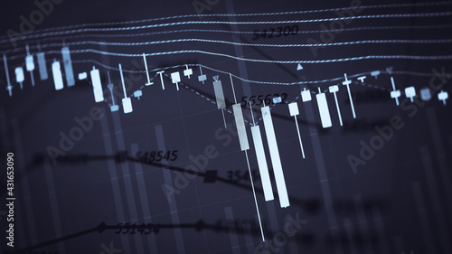 Abstract financial trading graphs and digital number of foreign exchange market trading on monitor. Background of gold and blue digital chart to represent stock market trend. © czchampz