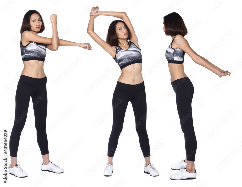 Woman wear Fitness Sport bra yoga pants, full length isolated profile Woman wear Fitness Sport bra yoga pants, full length isolated profile