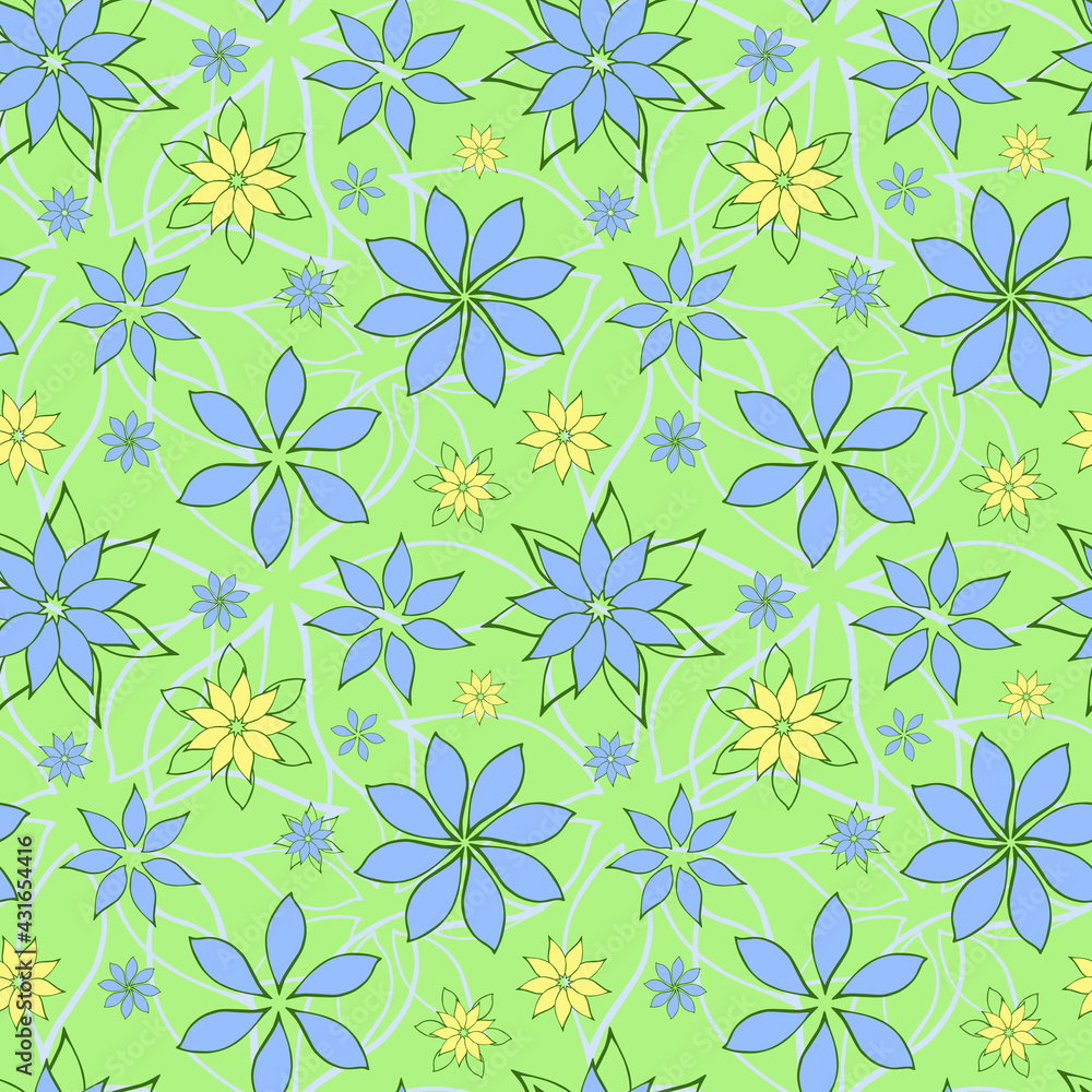 Abstract fantasy flowers seamless pattern background. Stylized geometric floral motifs endless texture. Simplified editable repeating surface design. Flat boundless ornament for fabric or gift paper