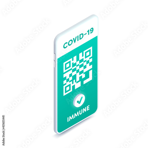 Digital Covid-19 vaccine passport on smartphone screen with QR code isometric vector concept. 3d Vaccination green certificate on mobile phone. Health pass app, immunity to coronavirus