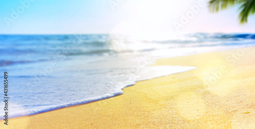 Fototapeta Naklejka Na Ścianę i Meble -  abstract summer vacation background of blurred beach sand, palm tree and sea waves