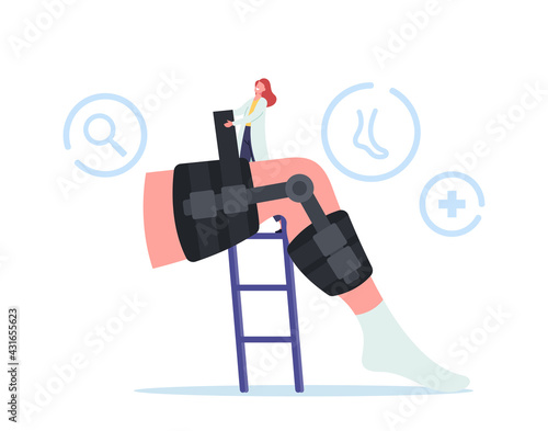 Medical Health Care Concept. Tiny Orthopedist Doctor Character Install Bandage Brace at Huge Leg with Bones Fracture