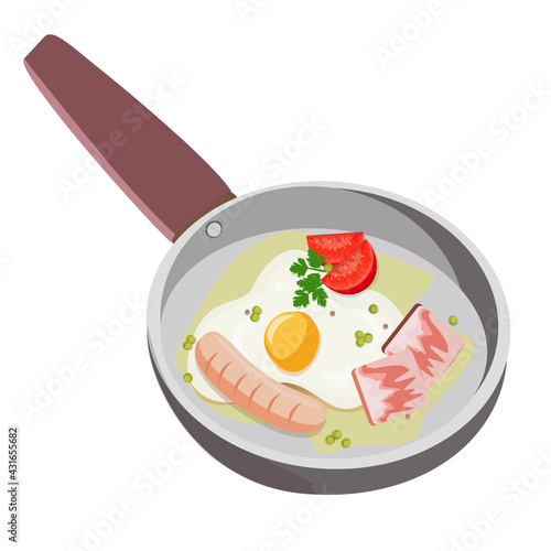 Scrambled eggs with bacon, sausage, tomatoes and green peas, garnished with herbs in a pan. An international and national dish. The egg dish can be made daily or on an egg feast day. © Катерина S