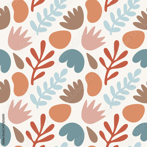 Seamless vector abstract floral pattern with leaves, plants, abstract elements in boho style for fashion, fabric, wallpaper and all prints