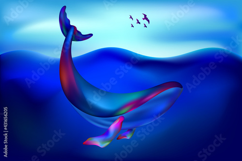 Colorful Blue Whale floating under the ocean background. Marine animal digital concept - Vector Illustration of Modern concept whale with a fluid gradient style