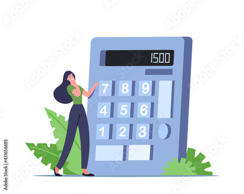 Tiny Female Character with Huge Calculator Counting Calories for Healthy Eating and Weight Loss. Nutrition and Dieting