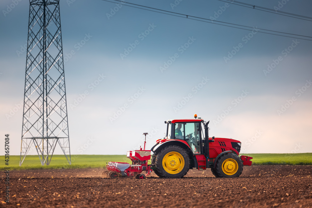 Fototapeta premium Farmer with tractor seeding crops at field