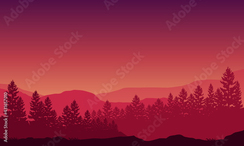 The beautiful panoramic view of the night sky with incredible views of the mountains and forests. Vector illustration