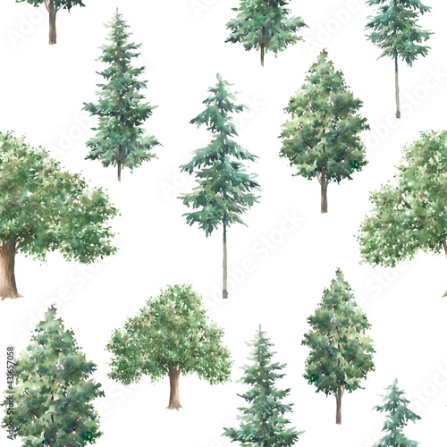 Watercolor woods seamless pattern. Forest green trees repeating texture.